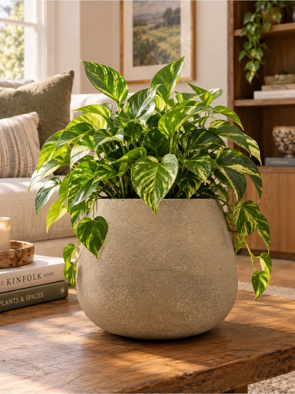 Modern Beige Concrete Planter with Drainage Hole, 7x7.5 Rounded Cement Pot